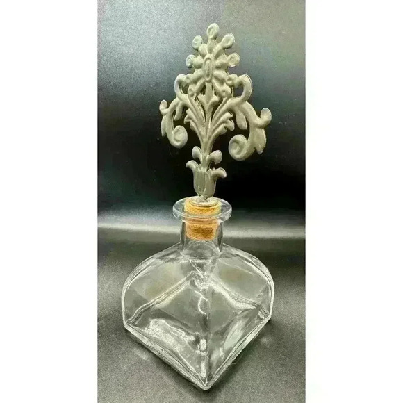 Perfume Bottle with Handblown Wide Glass Base, Metal Floral Accent Cork Stopper - Picture 3 of 8